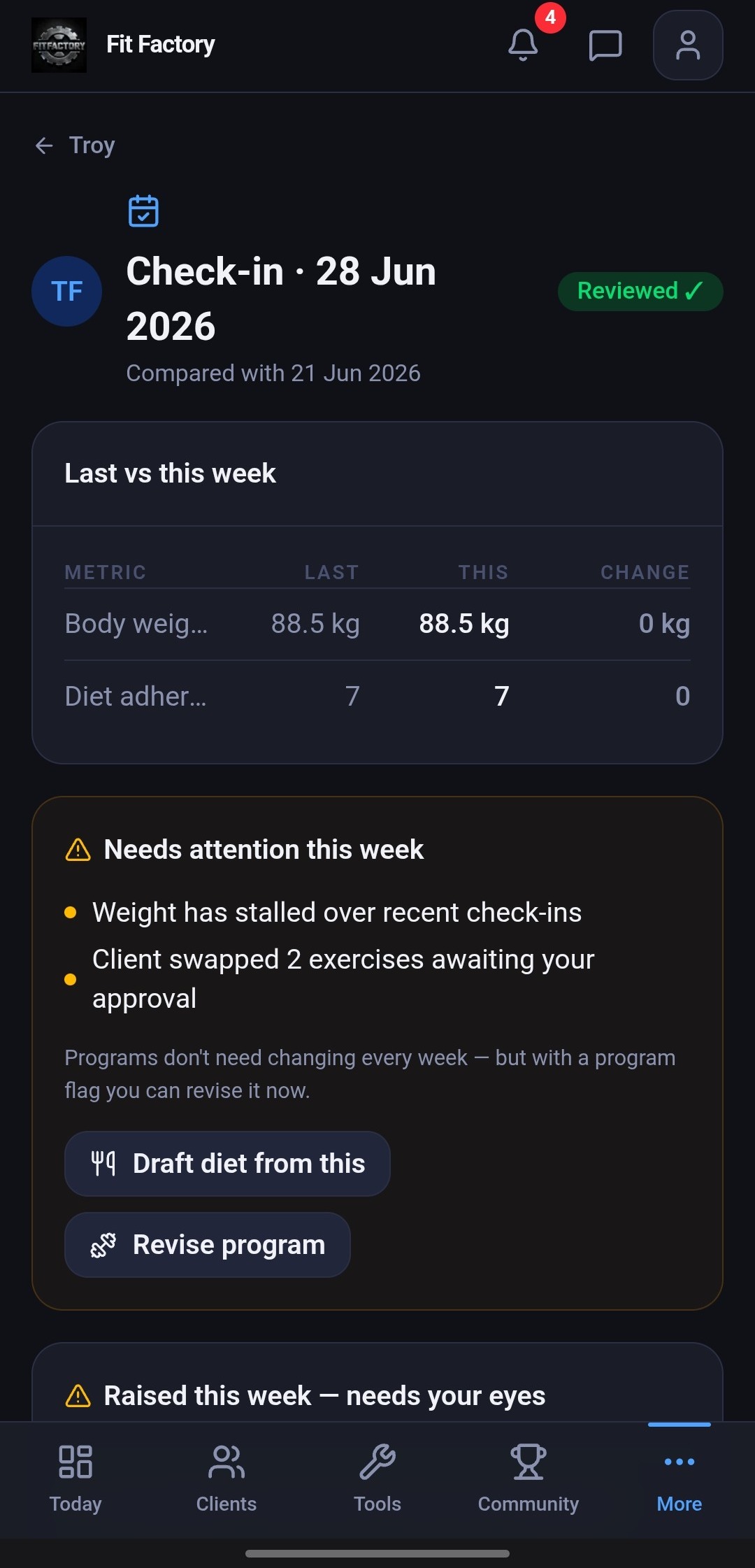 Fit Factory weekly check-in screen
