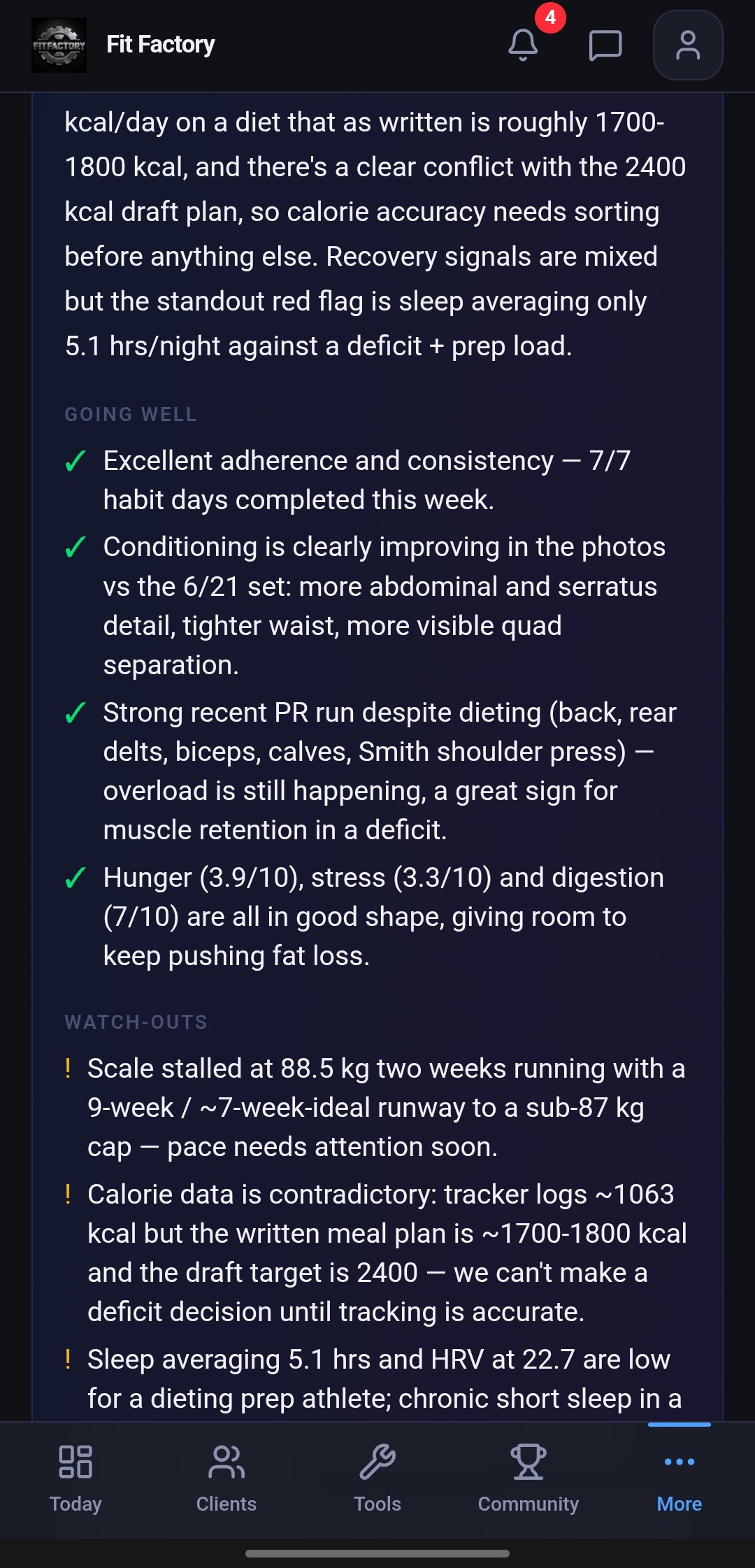 Fit Factory AI coach analysis screen