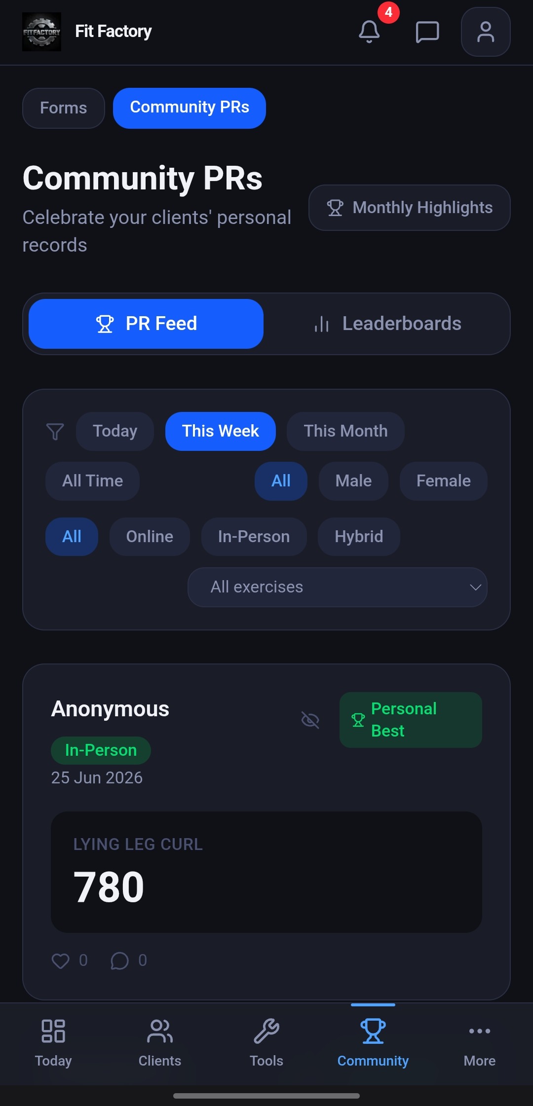 Fit Factory community screen