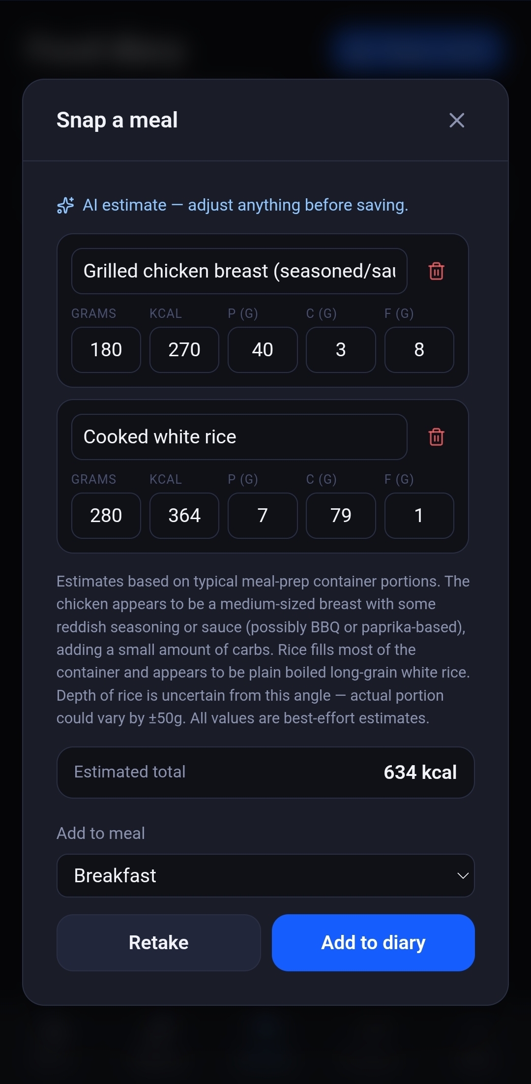Fit Factory AI meal scan screen