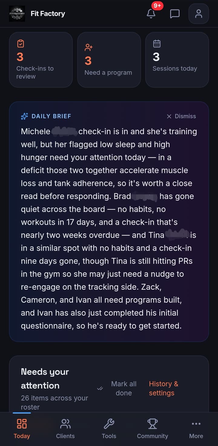 Fit Factory coach dashboard AI Daily Brief screen