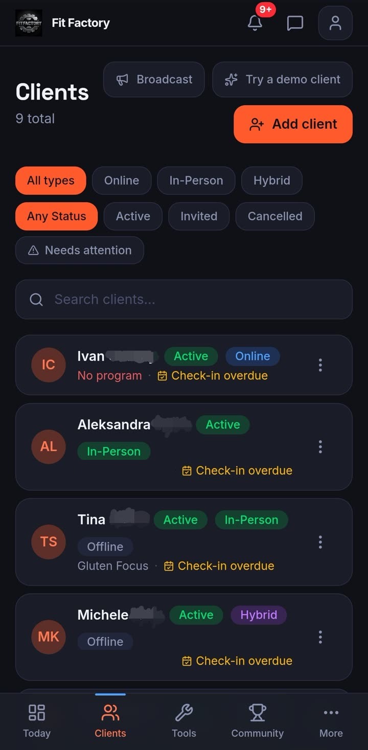 Fit Factory coach dashboard client list screen